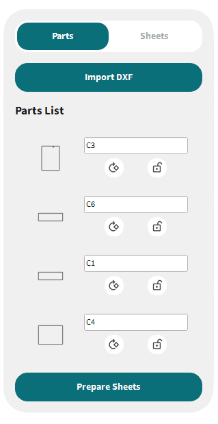 Import DXF parts and arrange them in the Nice Fit parts list