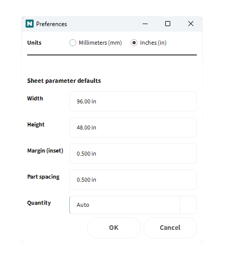 Nice Fit Preferences dialog for default sheet size, quantity, margin, and units