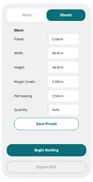 Set sheet size, quantity, and nesting parameters in Nice Fit